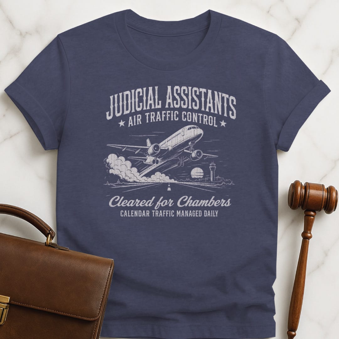 cool attorney graphic tee that says Judicial assistants air traffic control cleared for featuring airplane taking off in heather blue