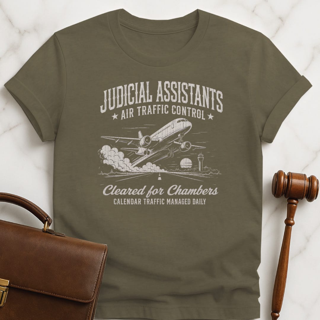 funny lawyer tshirt that says Judicial assistants air traffic control cleared for featuring airplane taking off in heather green