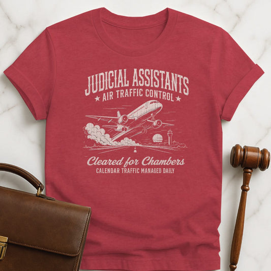 funny lawyer t-shirt that says Judicial assistants air traffic control cleared for featuring airplane taking off in heather red