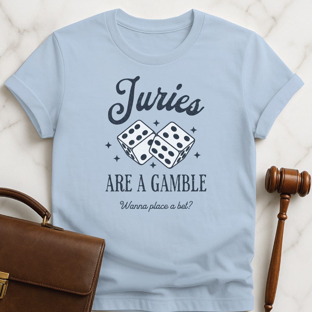 cool law graduate graphic t-shirt that says Juries are a gamble wanna place a bet featuring dice in blue