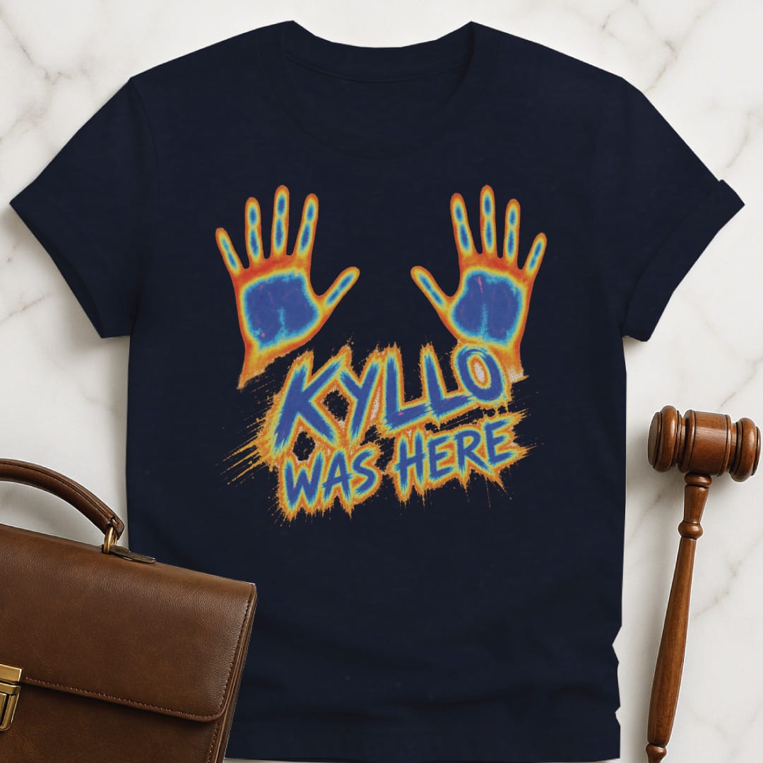 funny law grad graphic t-shirt that says Kyllo was here featuring thermal hands in blue