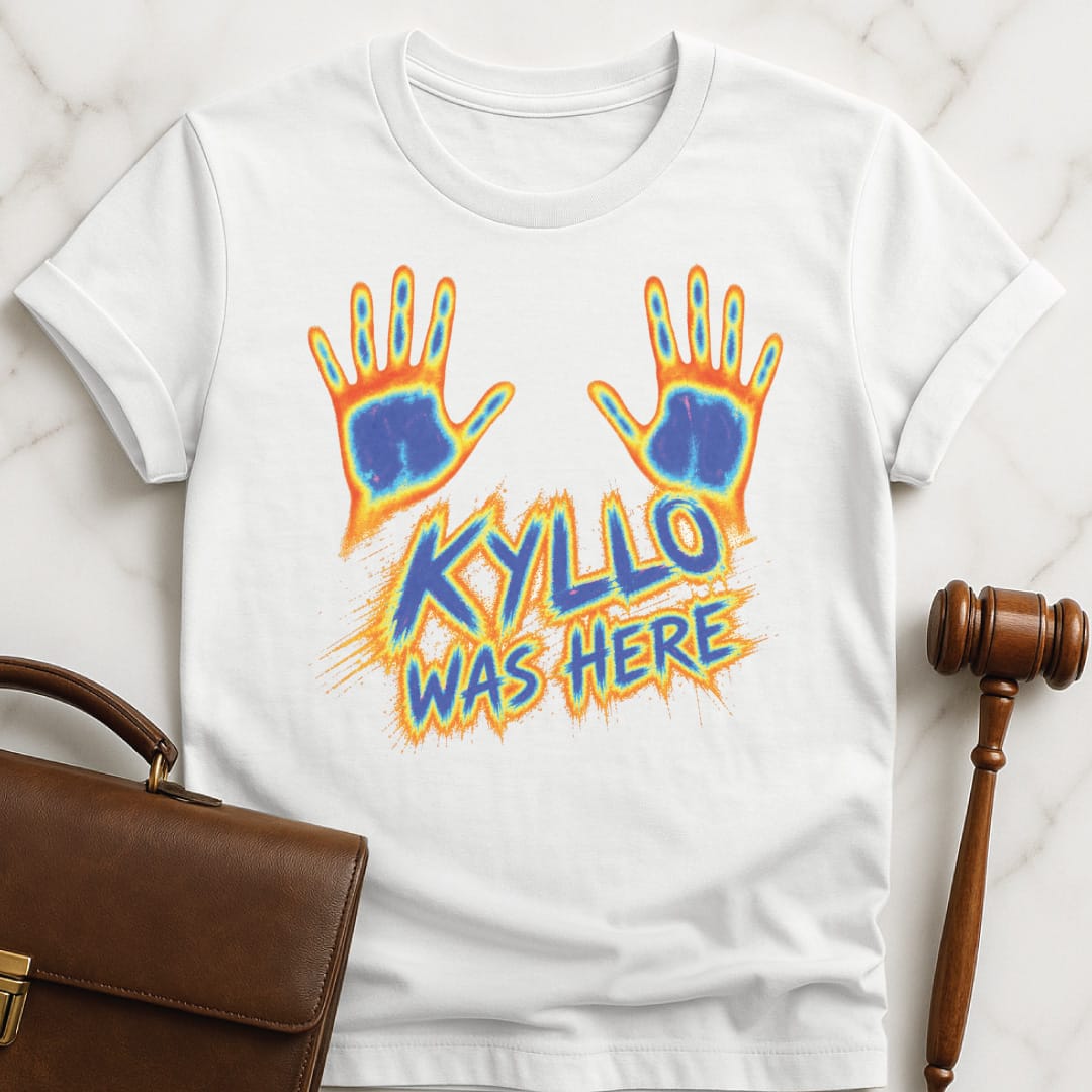cool law school grad graphic t shirt that says Kyllo was here featuring thermal hands in white