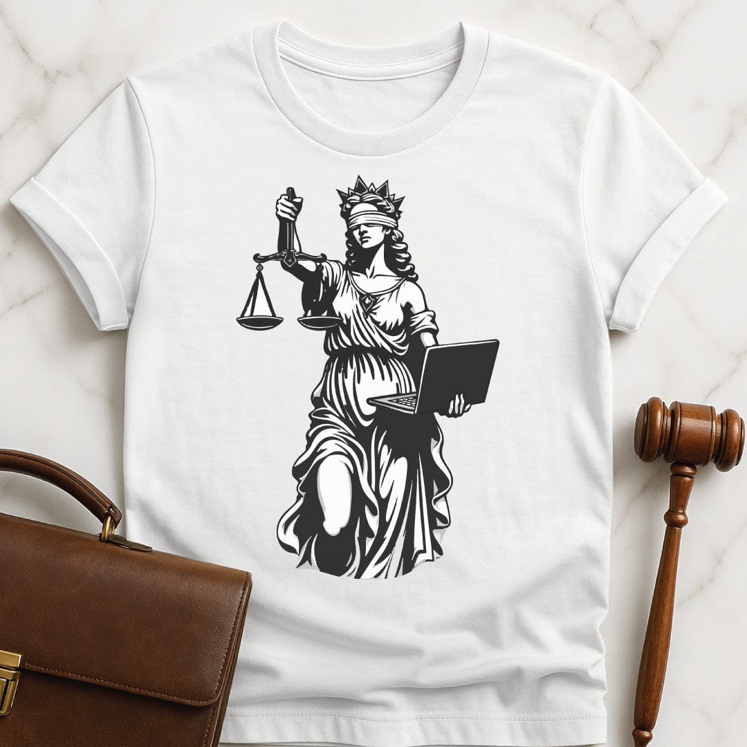 cool law student tshirt featuring Lady Justice holding a laptop in white