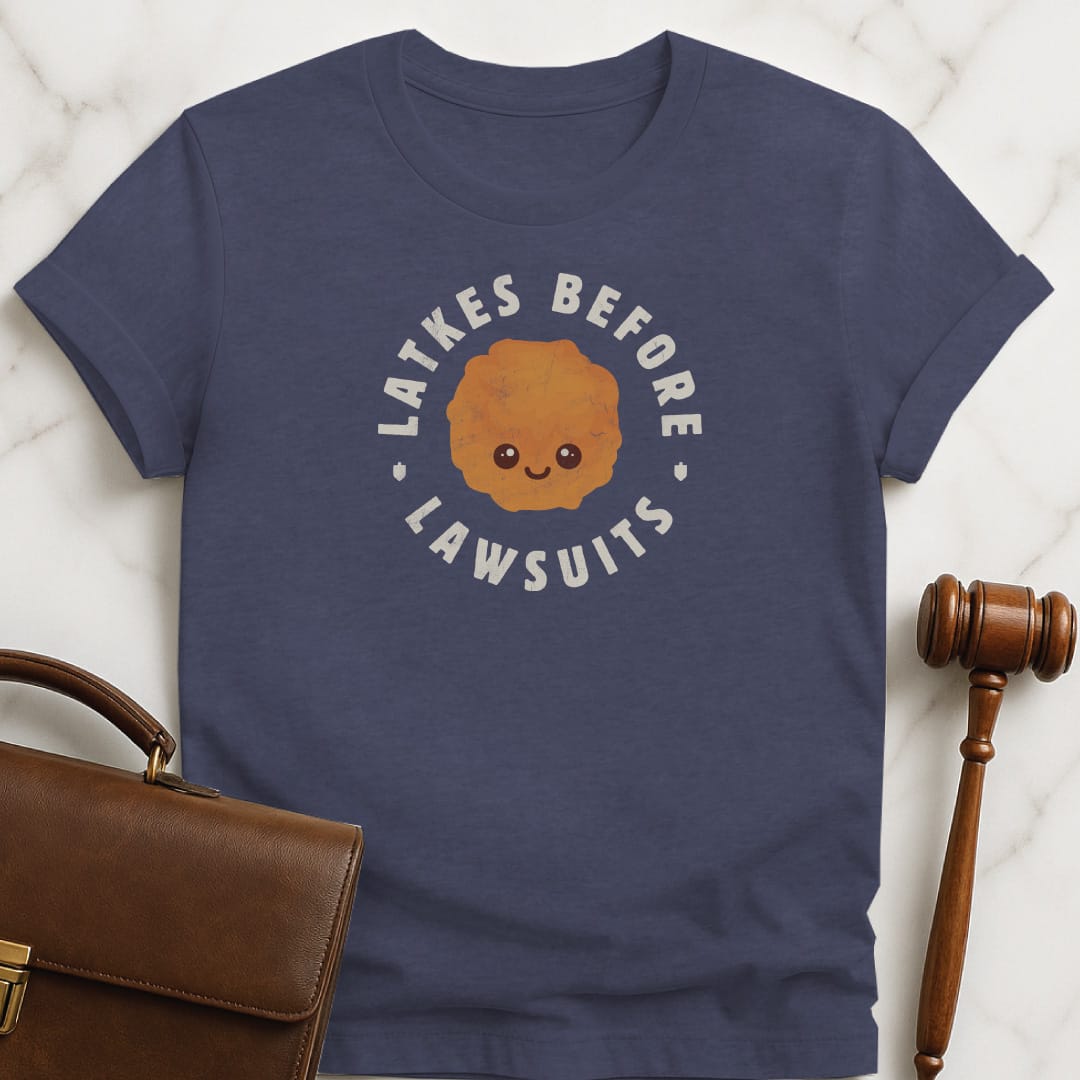 hanukkah lawyer graphic t-shirt that says Latkes Before Lawsuits featuring Cute Latke and small dreidels in heather blue