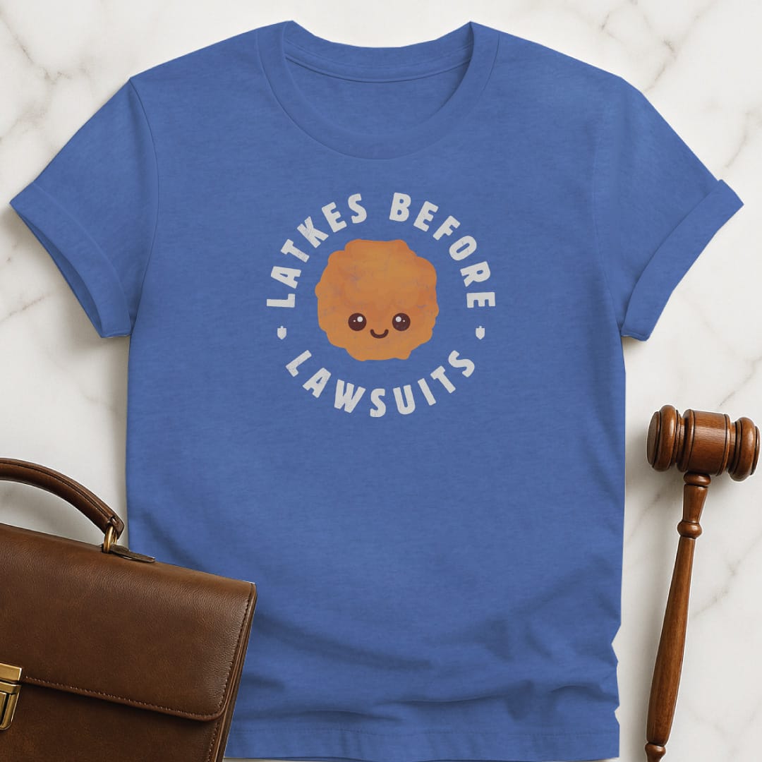 chanukah attorney graphic t shirt that says Latkes Before Lawsuits featuring Cute Latke and small dreidels in heather blue