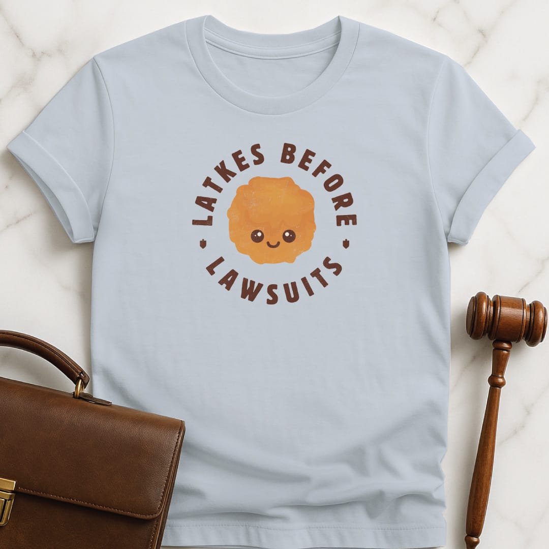 hanukkah law school graphic tshirt that says Latkes Before Lawsuits featuring Cute Latke and small dreidels in blue
