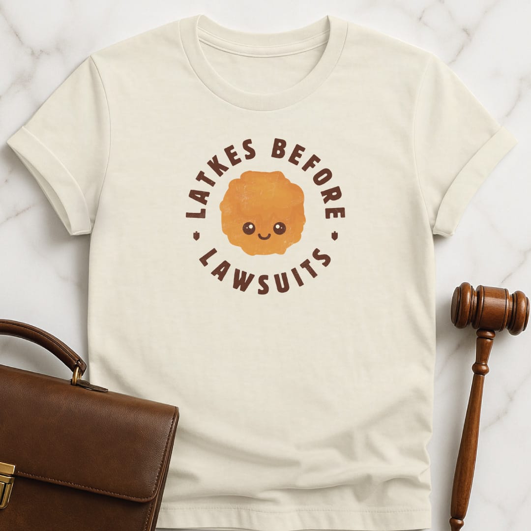 chanukah law student graphic tee that says Latkes Before Lawsuits featuring Cute Latke and small dreidels in cream