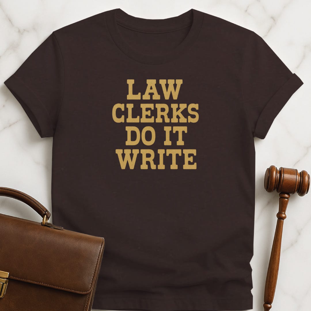 funny lawyer t-shirt that says law clerks do it write featuring western font in brown