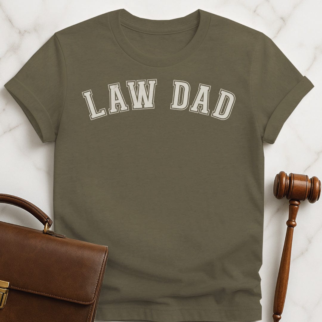 father law grad graphic t shirt that says Law Dad in heather green