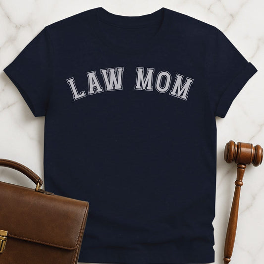 mom law school graduate t shirt that says Law Mom in blue