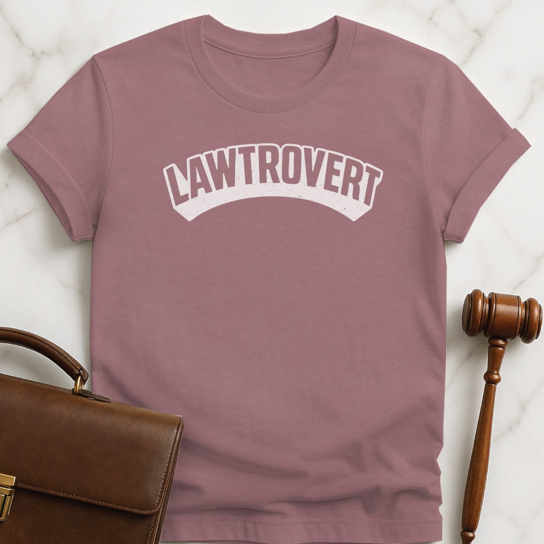 funny law grad graphic t-shirt that says lawtrovert featuring superhero font in heather mauve