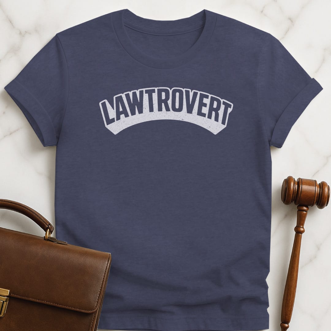 cool attorney t shirt that says lawtrovert featuring superhero font in heather blue