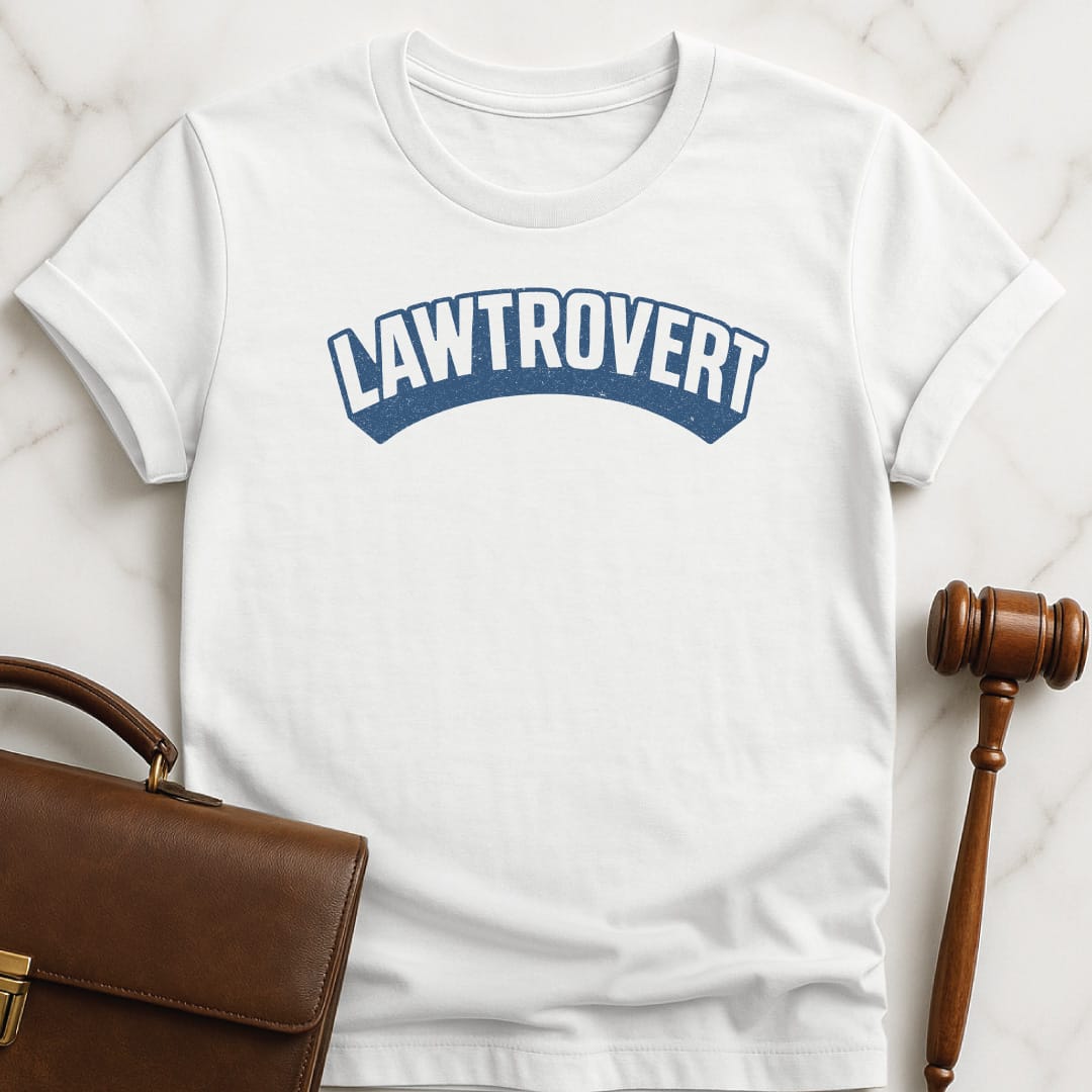 funny law school tshirt that says lawtrovert featuring superhero font in white