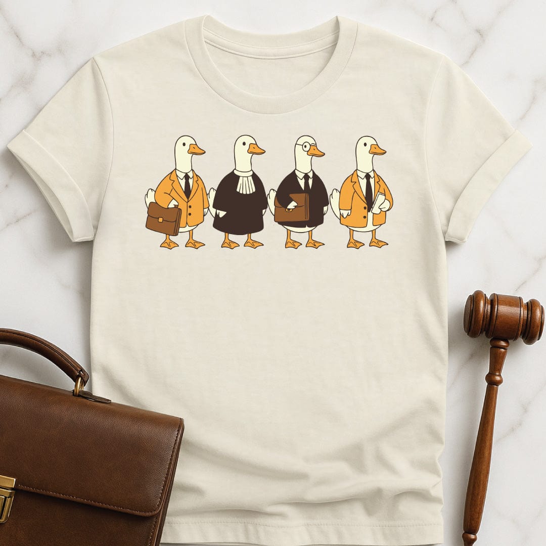 cute law student tshirt featuring Ducks dressed like lawyers and judges in cream