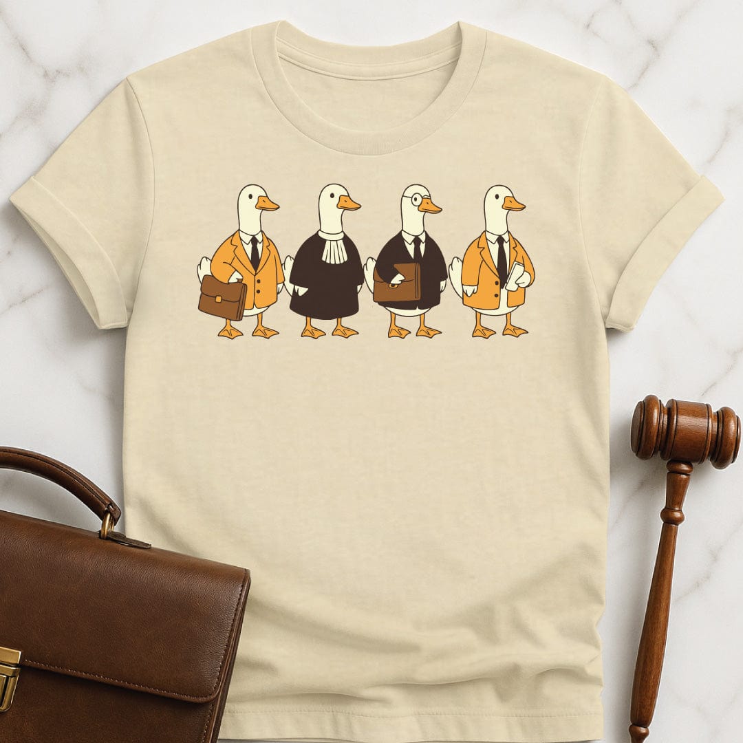 cute new attorney t-shirt featuring Ducks dressed like lawyers and judges in cream
