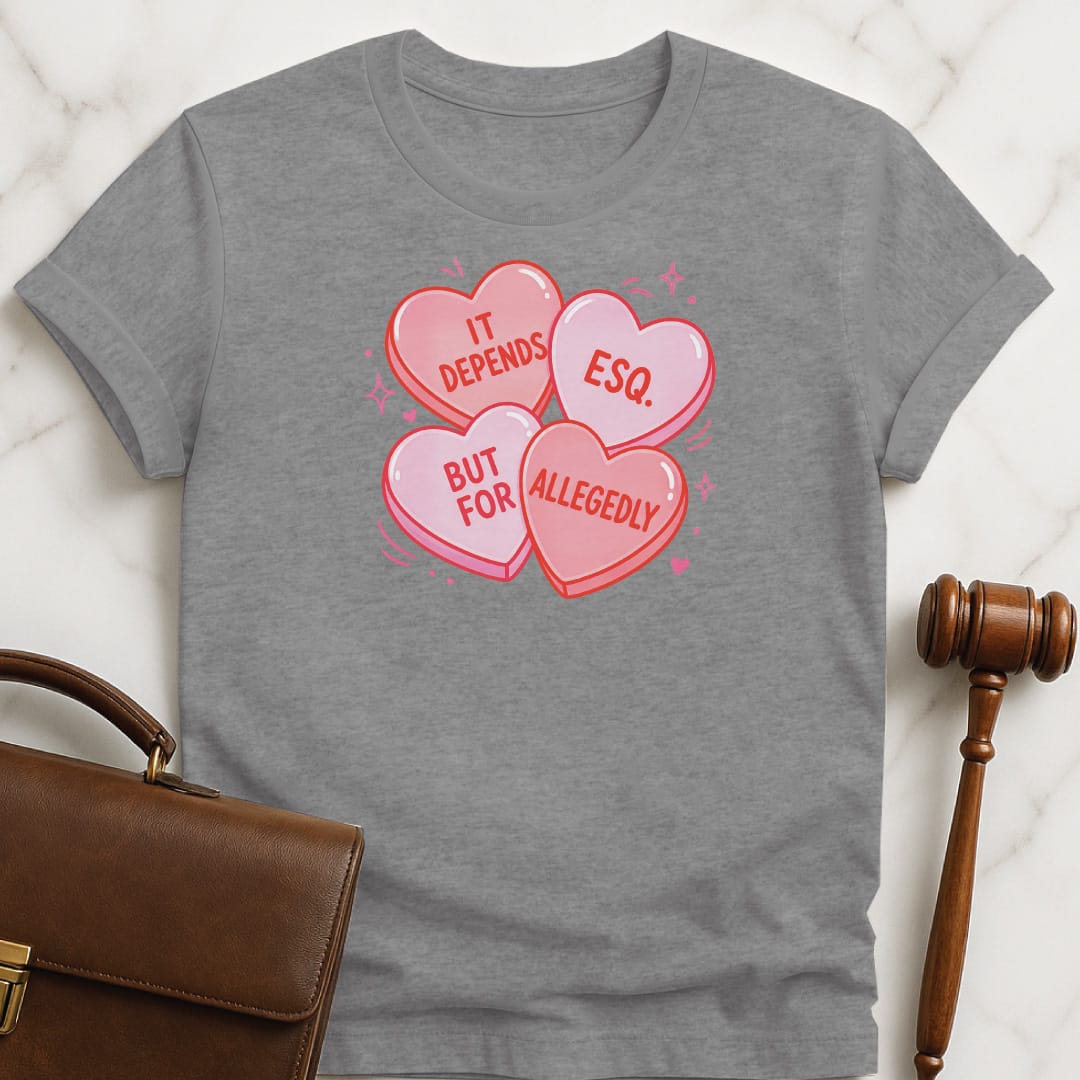 cool law graduate graphic t shirt that says It Depends But For Esq Allegedly featuring candy hearts in grey