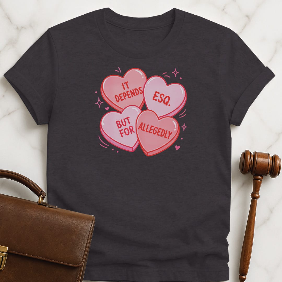 cute law school tshirt that says It Depends But For Esq Allegedly featuring candy hearts in black