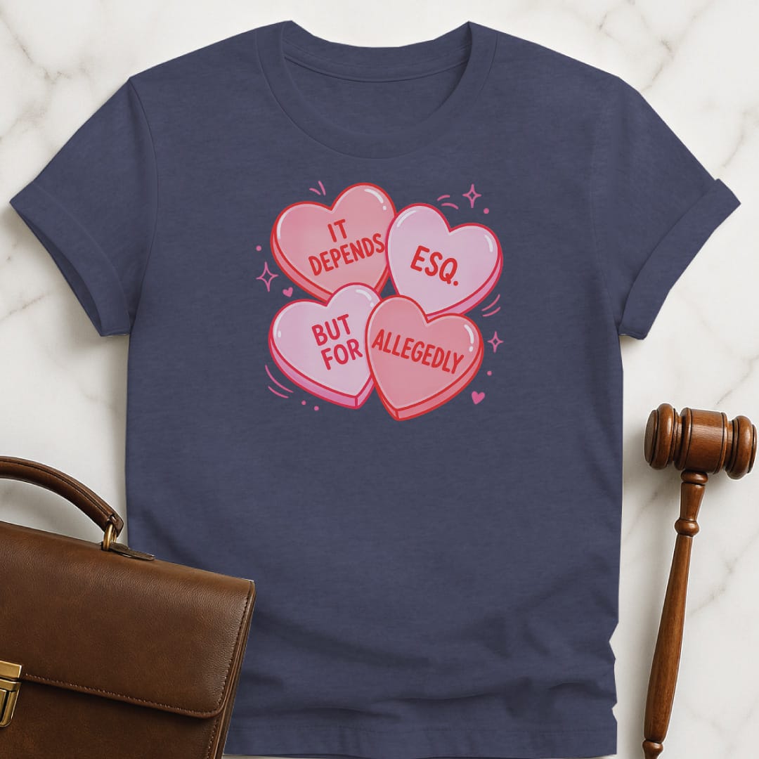 cute new lawyer graphic tshirt that says It Depends But For Esq Allegedly featuring candy hearts in heather blue