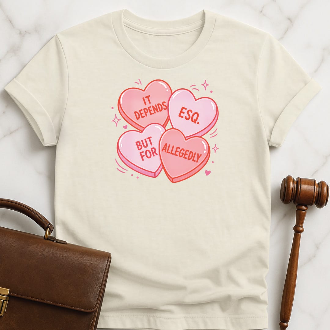 cool new attorney graphic tee that says It Depends But For Esq Allegedly featuring candy hearts in cream