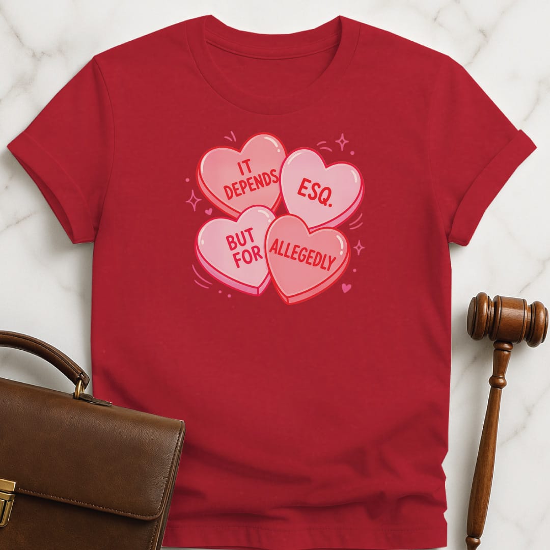 cute lawyer t-shirt that says It Depends But For Esq Allegedly featuring candy hearts in red
