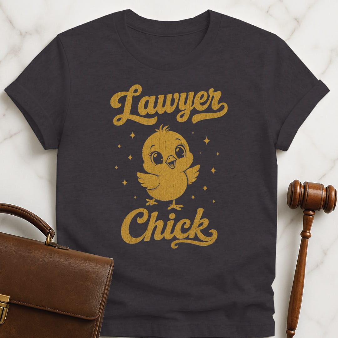 funny lawyer graphic t-shirt that says lawyer chick featuring baby chick in black