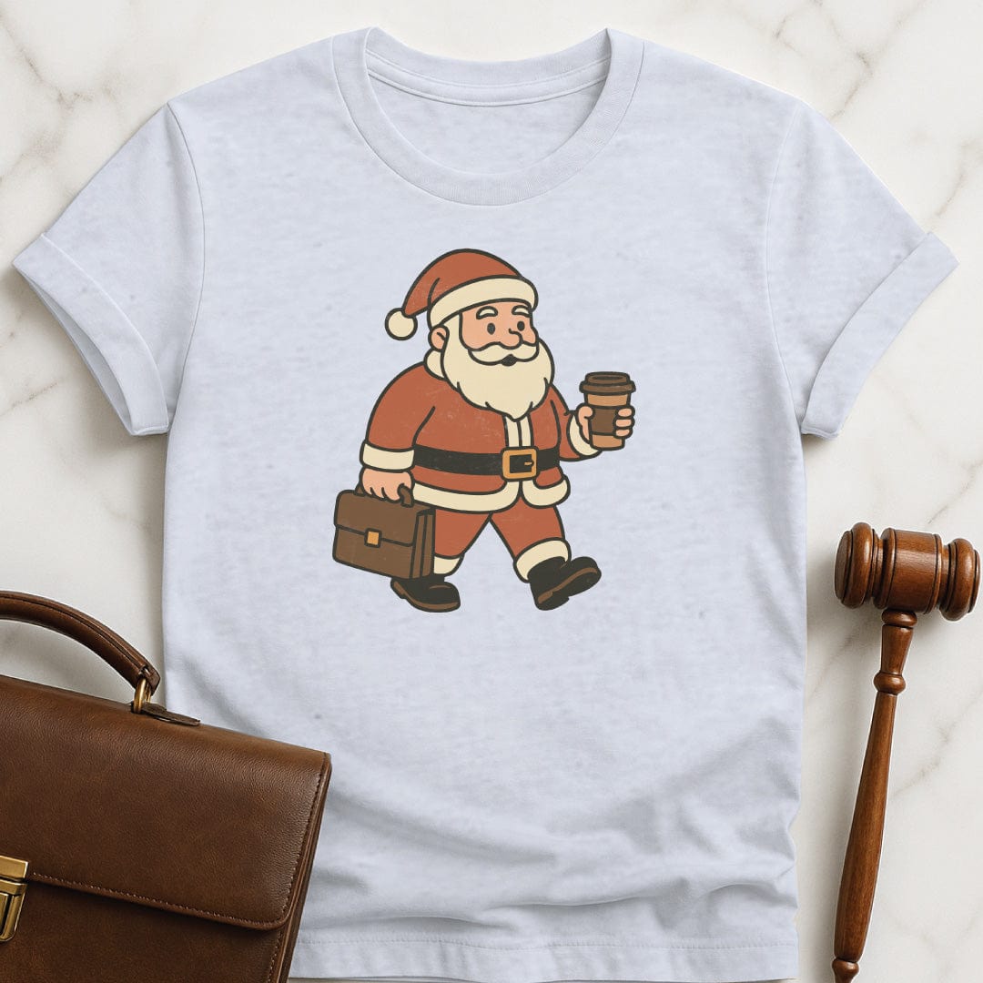 christmas law school grad graphic t-shirt featuring Santa Claus carrying a briefcase and a cup of coffee in grey