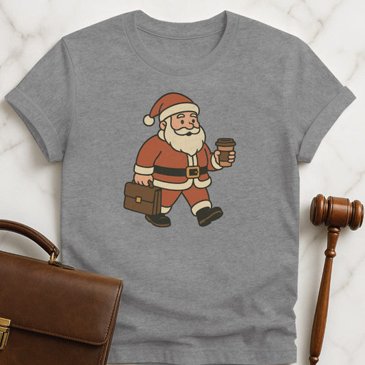 christmas law student t-shirt featuring Santa Claus carrying a briefcase and a cup of coffee in grey
