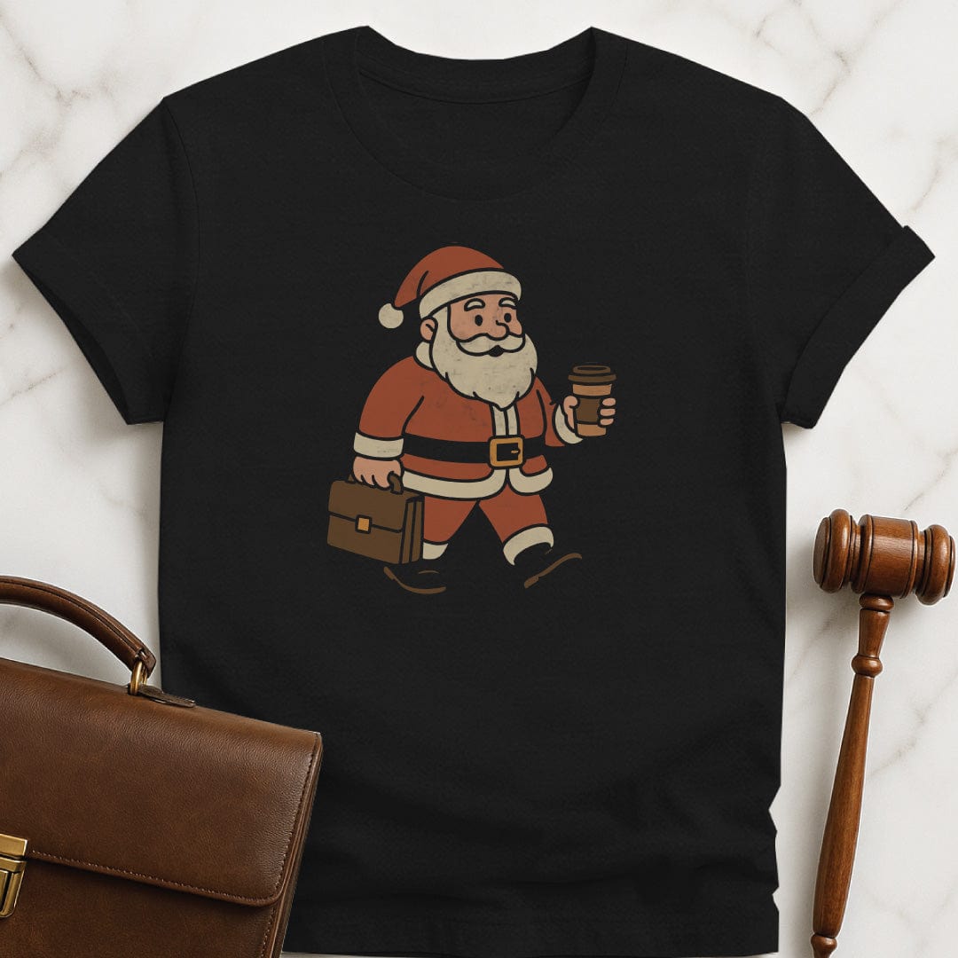 santa lawyer tee featuring Santa Claus carrying a briefcase and a cup of coffee in black