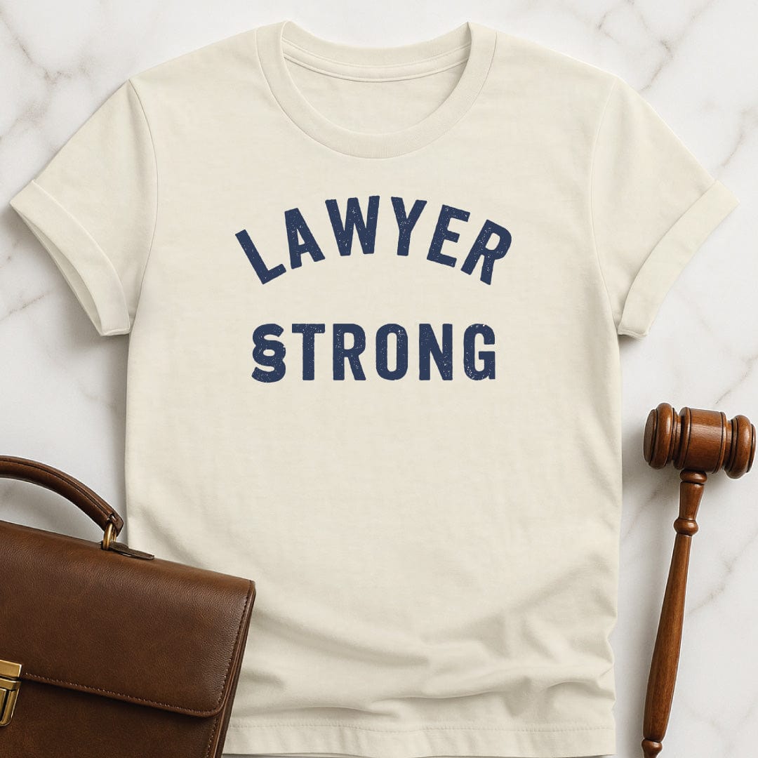 awesome law grad t shirt that says Lawyer Strong with a section symbol for the S in black