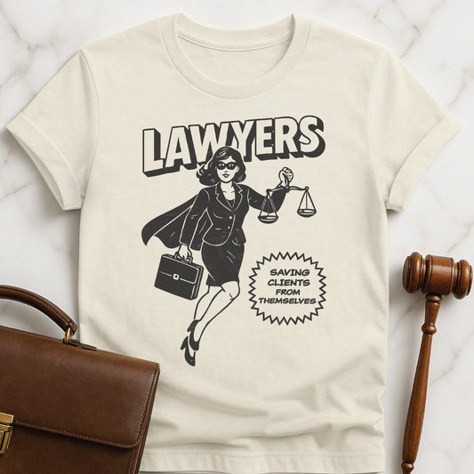 awesome new lawyer graphic t shirt that says Lawyers Saving Clients From Themselves featuring woman laywer superhero in cream