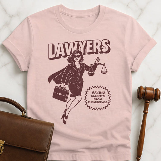 funny attorney t-shirt that says Lawyers Saving Clients From Themselves featuring woman laywer superhero in pink