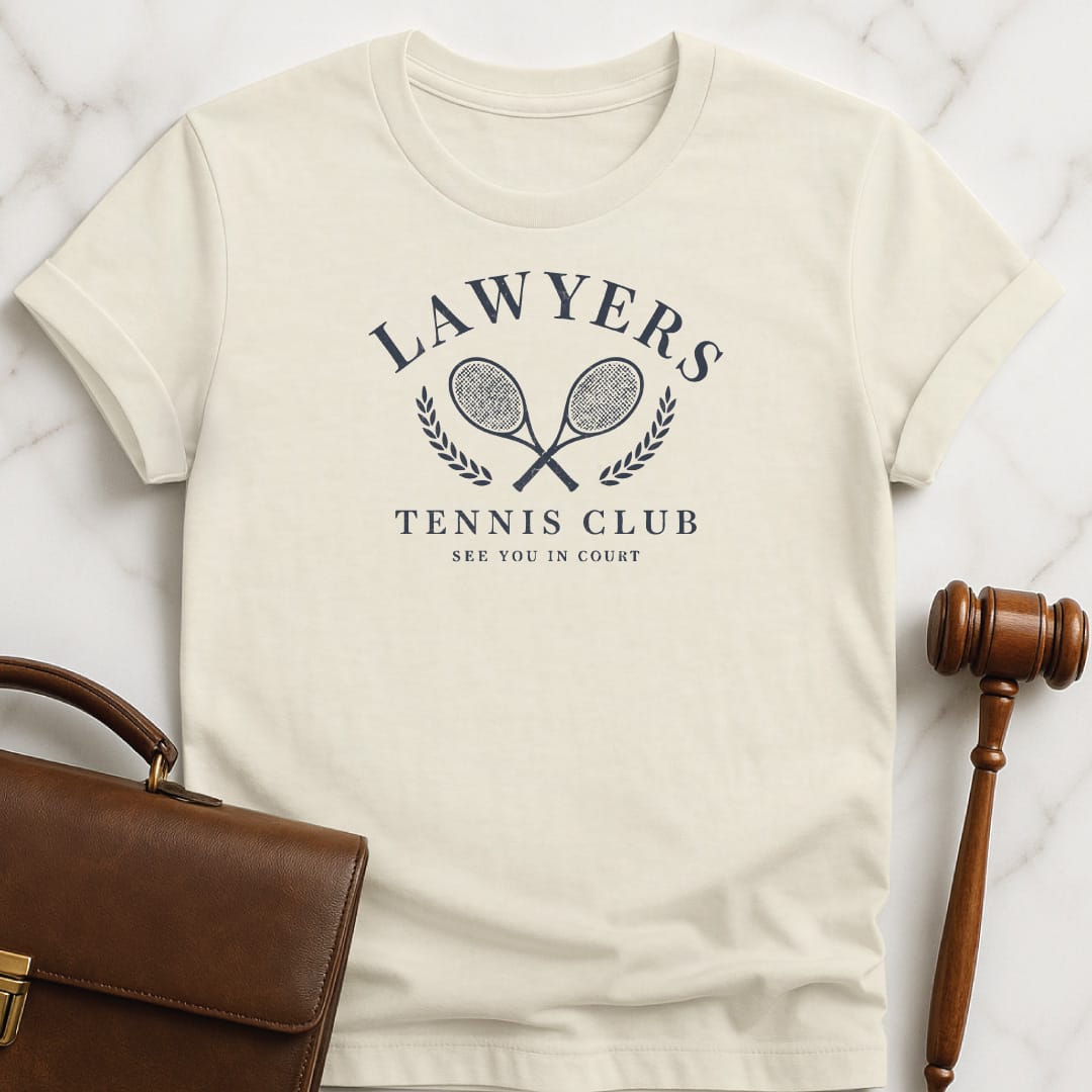 cool new attorney t shirt that says lawyers tennis club see you in court in cream