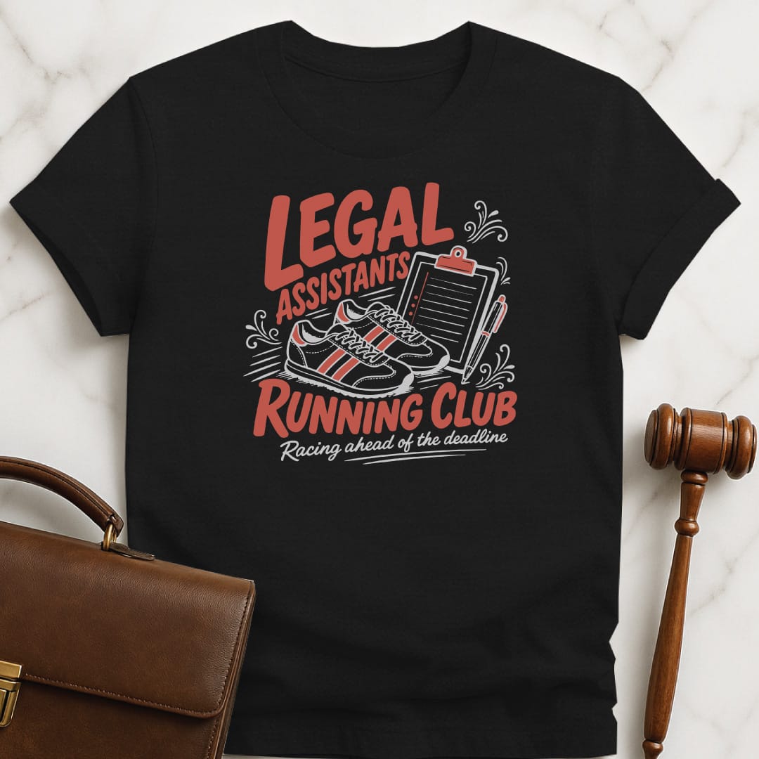 cool attorney t shirt that says legal assistants running club racing against the deadline featuring running shoes and a clipboard in black
