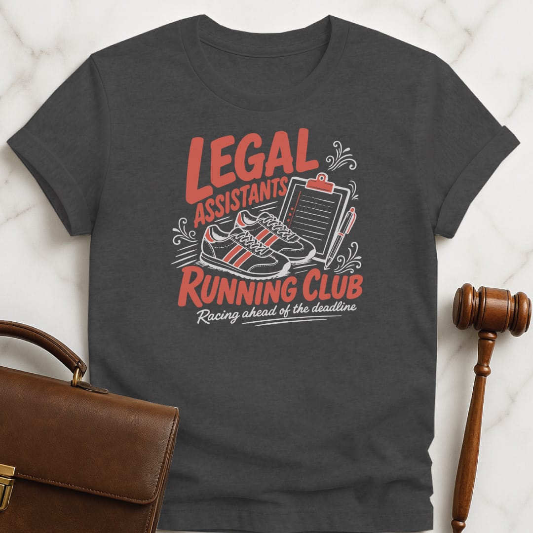 funny lawyer tshirt that says legal assistants running club racing against the deadline featuring running shoes and a clipboard in grey