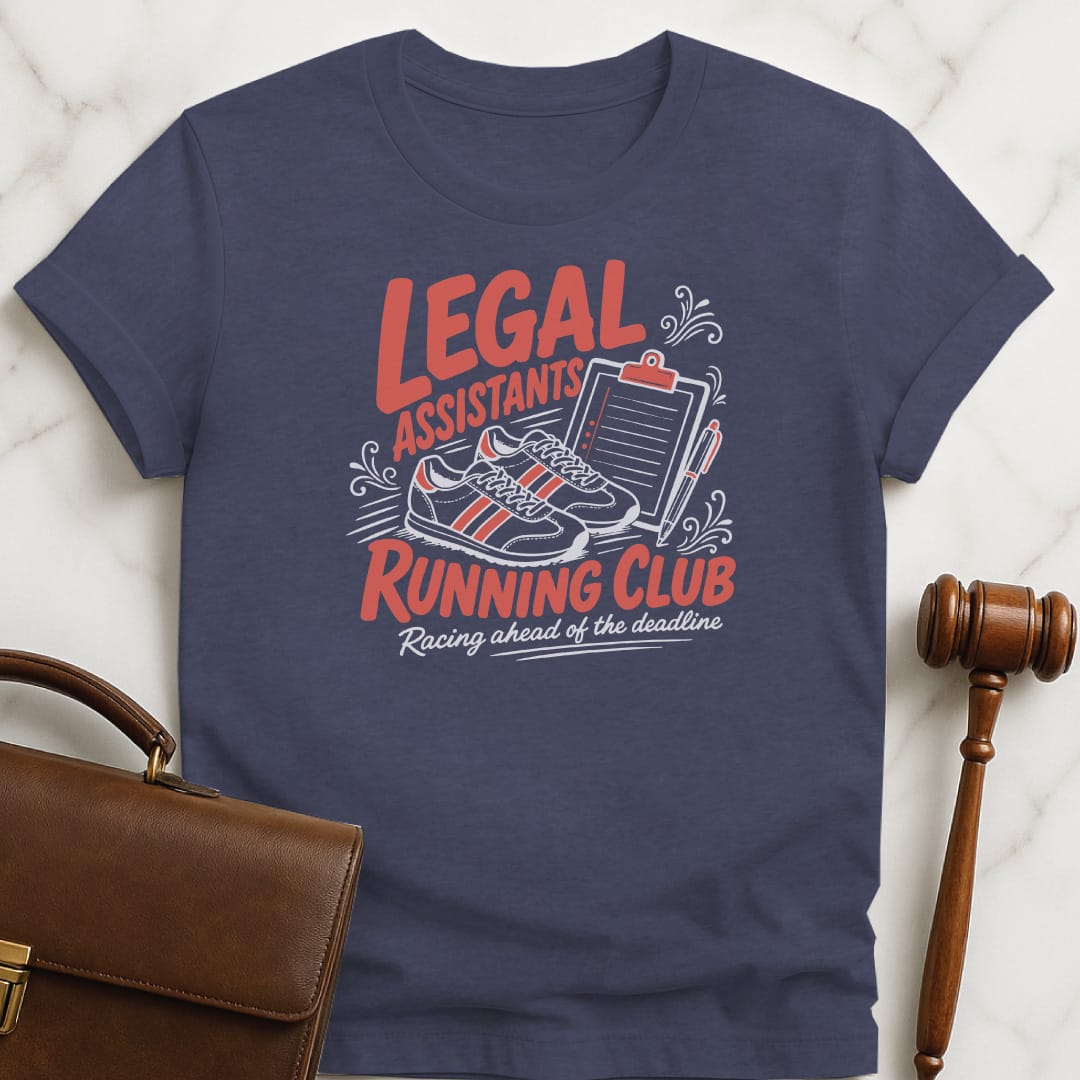 cool attorney tee that says legal assistants running club racing against the deadline featuring running shoes and a clipboard in heather blue