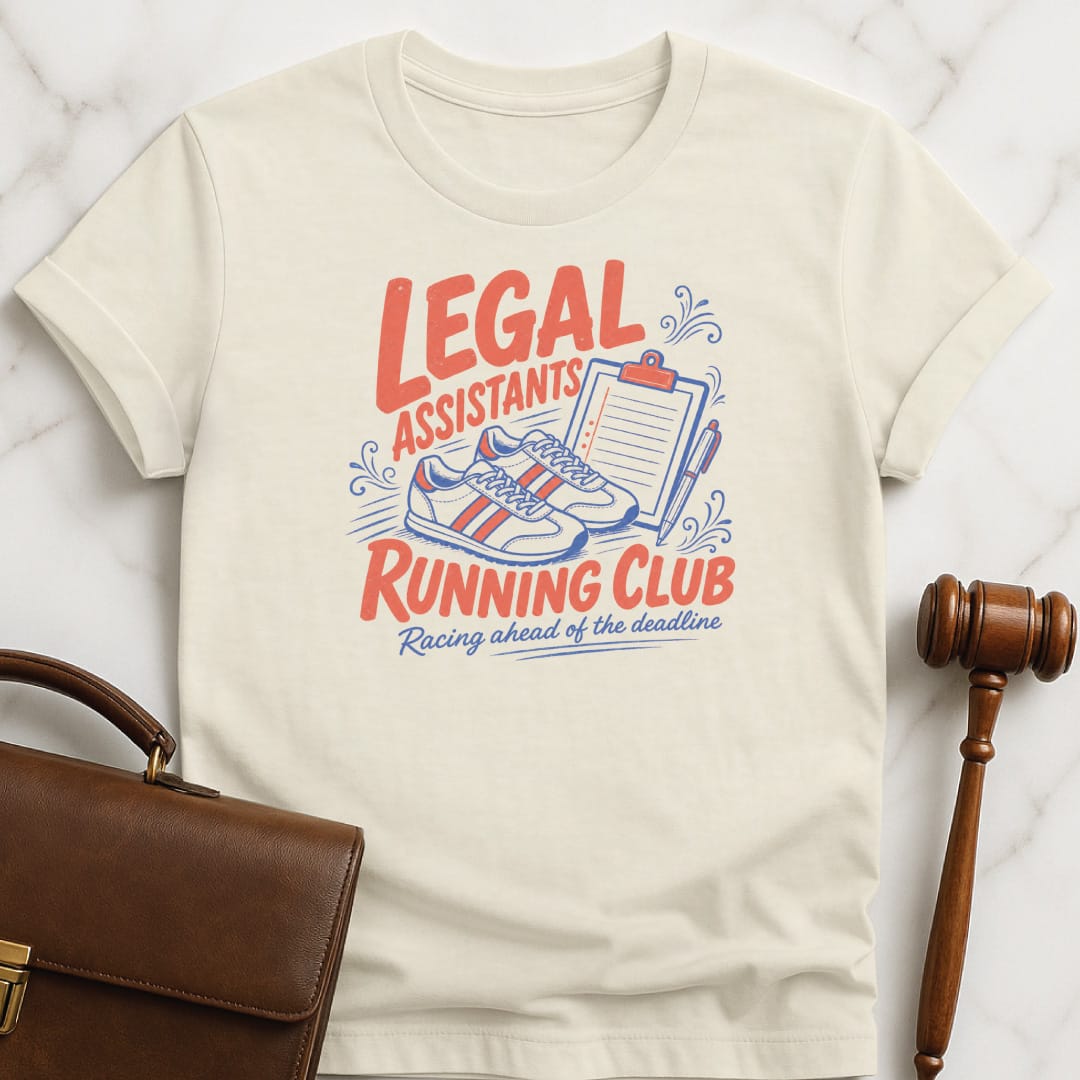funny lawyer graphic t-shirt that says legal assistants running club racing against the deadline featuring running shoes and a clipboard in cream