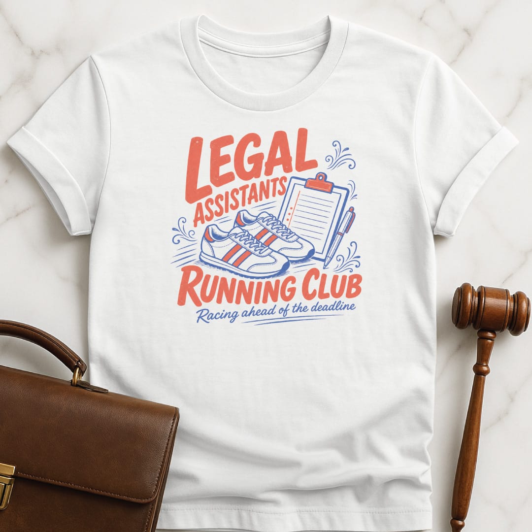 cool attorney graphic t shirt that says legal assistants running club racing against the deadline featuring running shoes and a clipboard in white