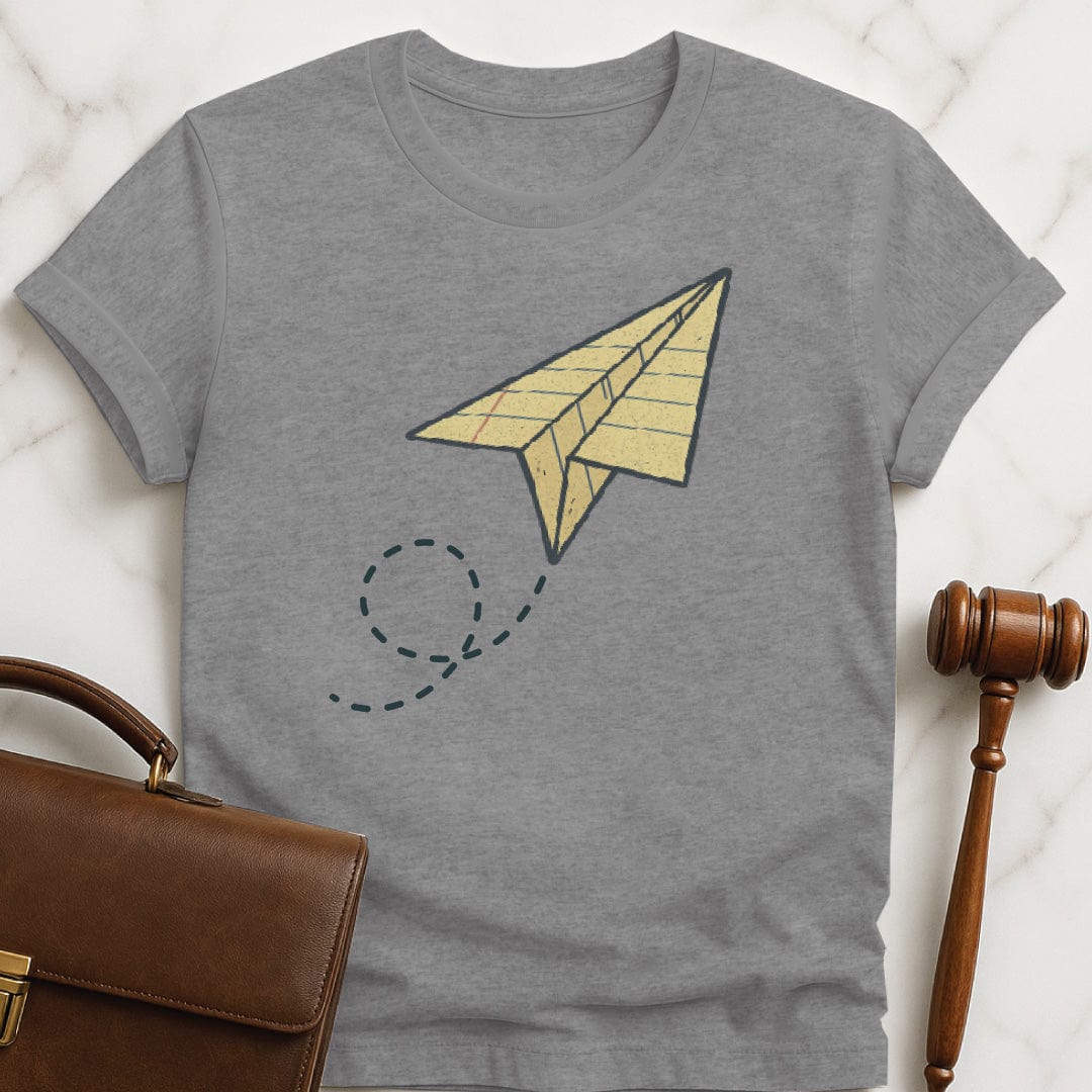 cute lawyer tee featuring a legal pad paper airplane in grey