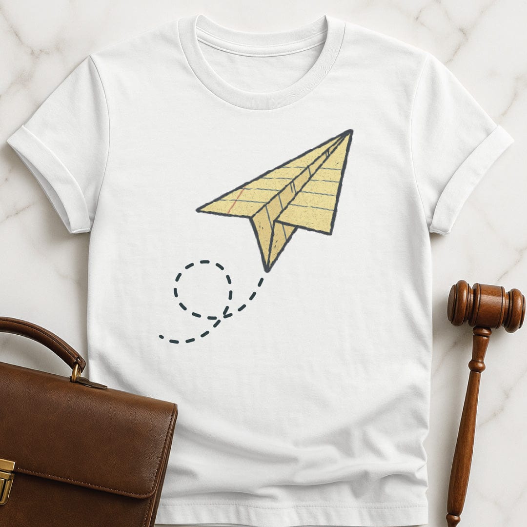 cute law grad graphic t shirt featuring a legal pad paper airplane in white