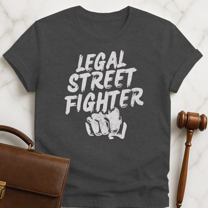 cool law grad t-shirt that says Legal streetfighter featuring fist in grey