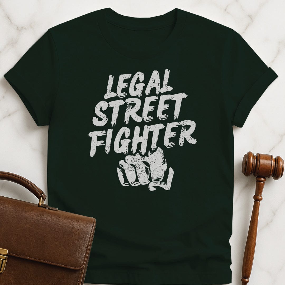 funny law school grad t shirt that says Legal streetfighter featuring fist in green