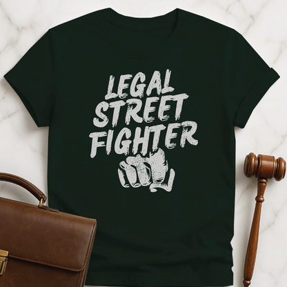 funny law school grad t shirt that says Legal streetfighter featuring fist in green