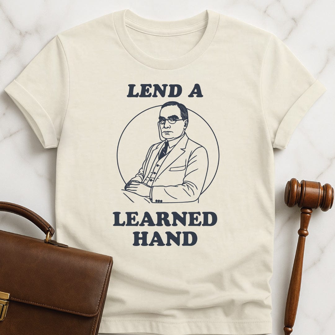 funny law graduate t-shirt that says Lend a learned hand featuring line drawing of learned hand in cream
