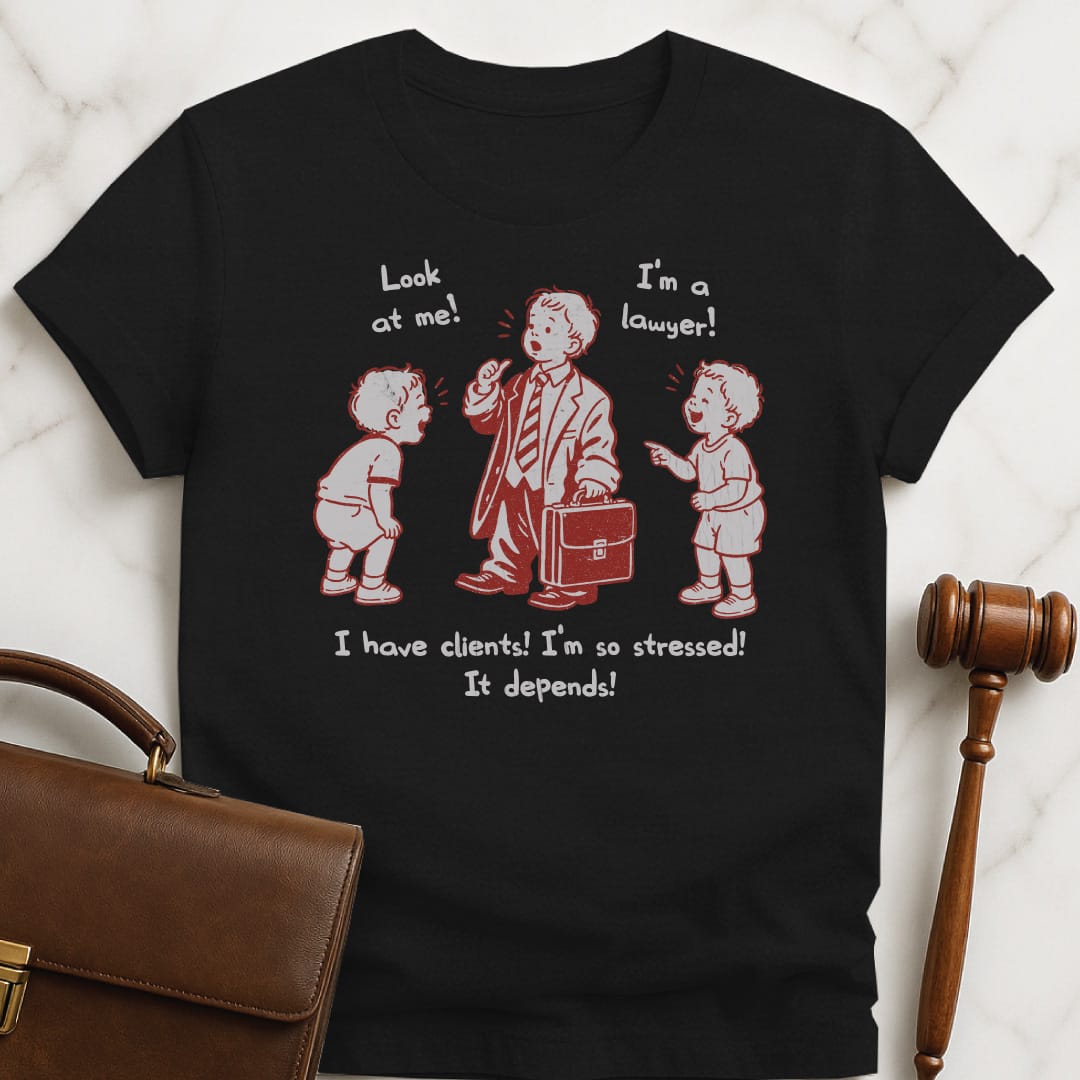 funny lawyer t-shirt that says look at me Im a lawyer I featuring a toddler dressed as a lawyer and two other toddlers laughing in black