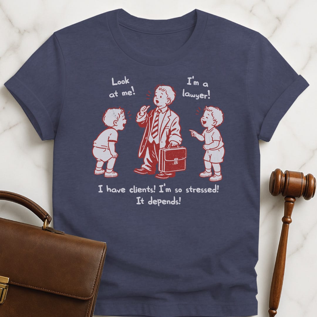 cool attorney t shirt that says look at me Im a lawyer I featuring a toddler dressed as a lawyer and two other toddlers laughing in heather blue