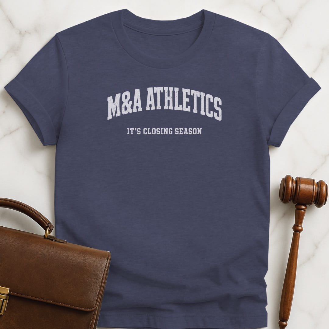funny law student t-shirt that says M and A athletics its closing season featuring athletic font in heather blue