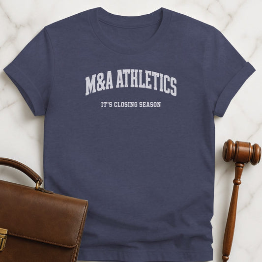 funny law student t-shirt that says M and A athletics its closing season featuring athletic font in heather blue