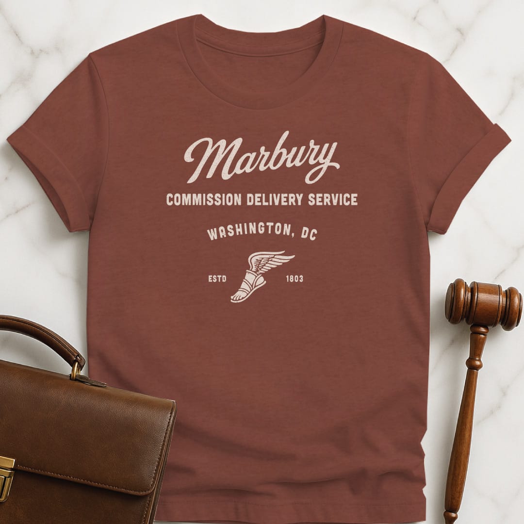 funny law school tshirt that says Marbury Commission Delivery Service Washington DC Estd 1803 featuring Mercury foot in heather brown
