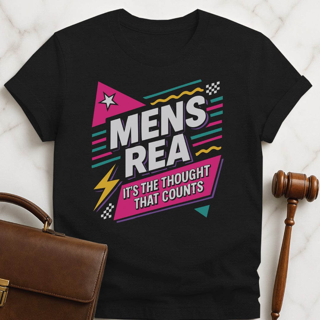 funny law student t-shirt that says Mens Rea Its the Thought that Counts featuring 90s aesthetic in black