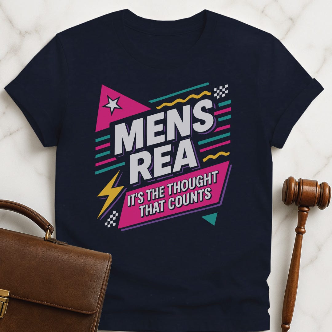 funny new attorney graphic tshirt that says Mens Rea Its the Thought that Counts featuring 90s aesthetic in blue